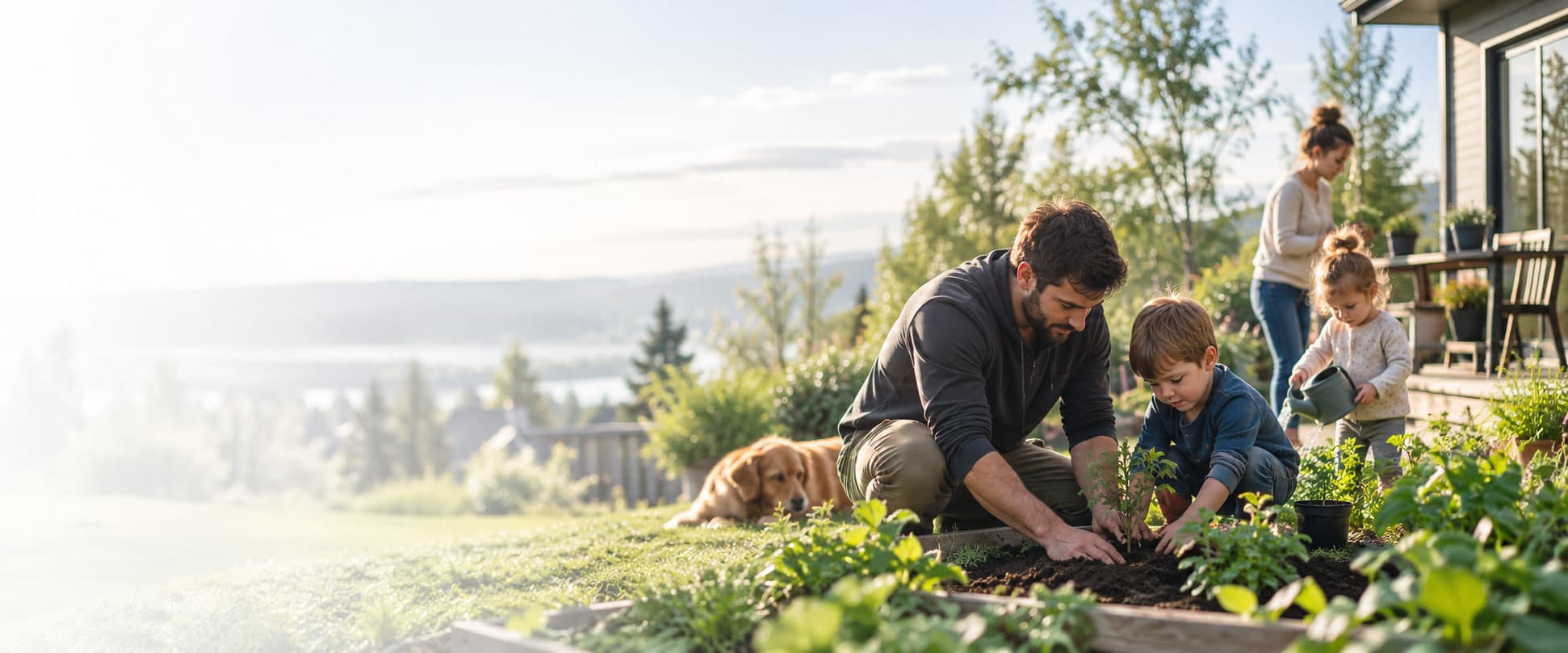 Une famille plante un potager devant sa maison : le père et son garçon, la mère, une fillette qui arrose, et le chien.
